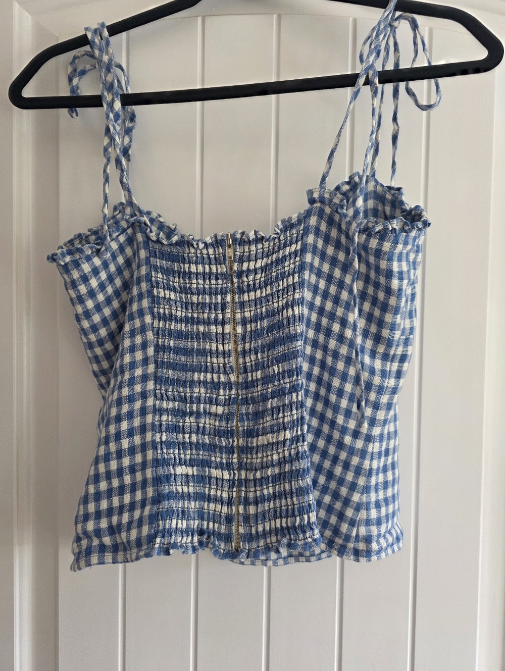 Reformation Holcomb Linen Top -Azure Blue Check Gingham Tie Strap Top Size 8 - Picture 7 of 9